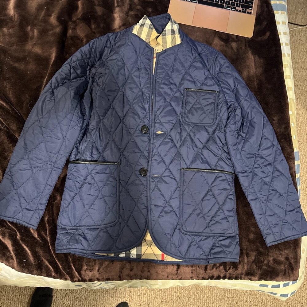 Men’s Burberry Jacket Medium Blue Quilted Nova Check Coat Elbow Patches